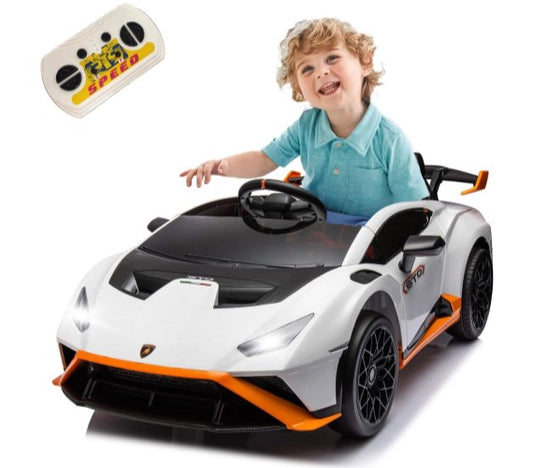White child's electric ride on car with remote control, side view, perfect for outdoor fun