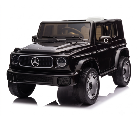 Black Mercedes G-Class childs ride on electric car, front view, designed for fun and adventure