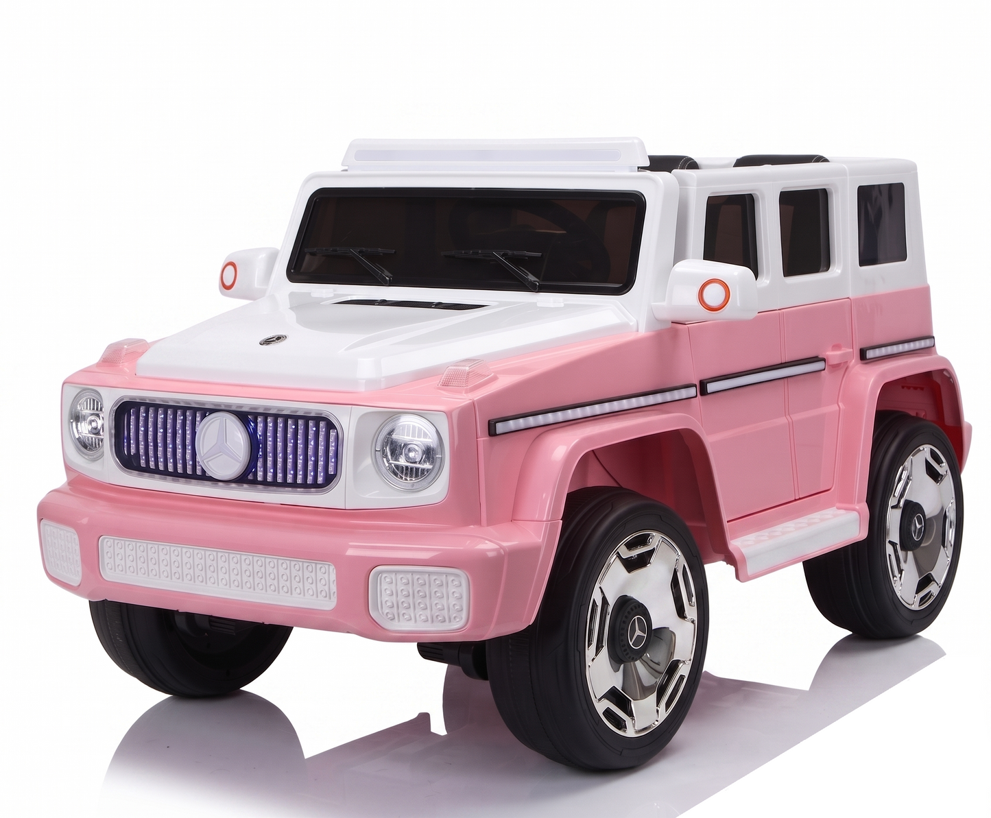 Pink and white childs ride on electric car with realistic design, front view, perfect for indoor and outdoor play