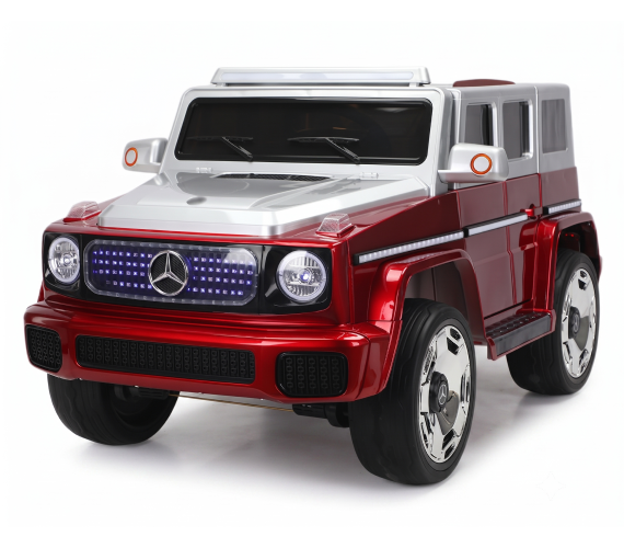 Red and silver childs ride on electric car in front view for playful driving adventures