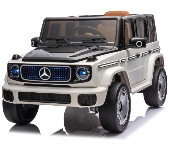 White childs ride on electric car with black accents, front view, for outdoor fun and adventure