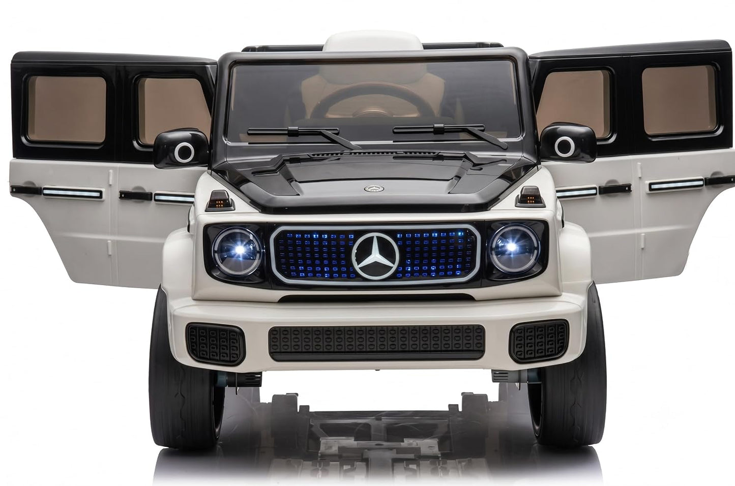 White child's ride on electric car with open doors, front view, for kids aged 3 and up.