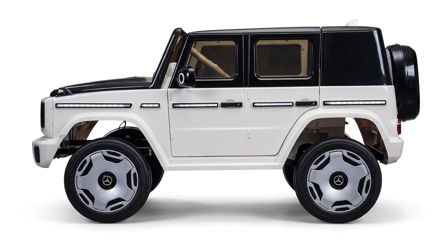 White childs ride on electric car with black accents, side view, perfect for outdoor fun