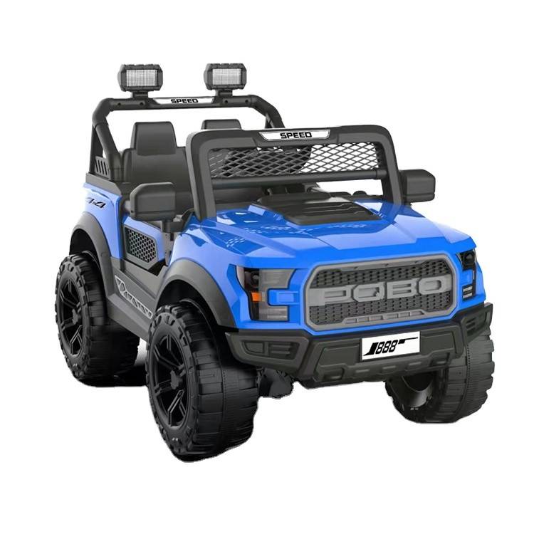 Blue childs ride on jeep with spacious seats and LED lights, front view, designed for outdoor fun
