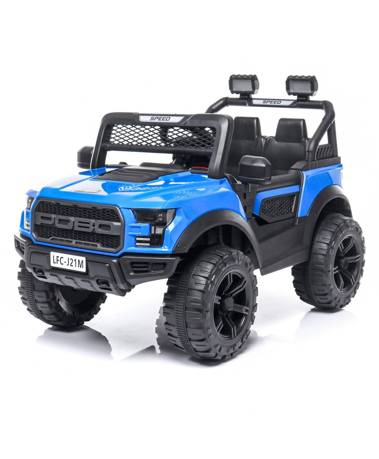 Blue childs ride on jeep with large wheels, front view, perfect for outdoor adventures