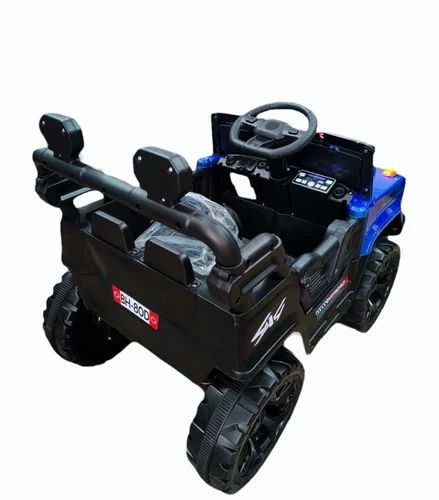 Blue childs ride on jeep in Ahmedabad with black wheels and dashboard for outdoor fun