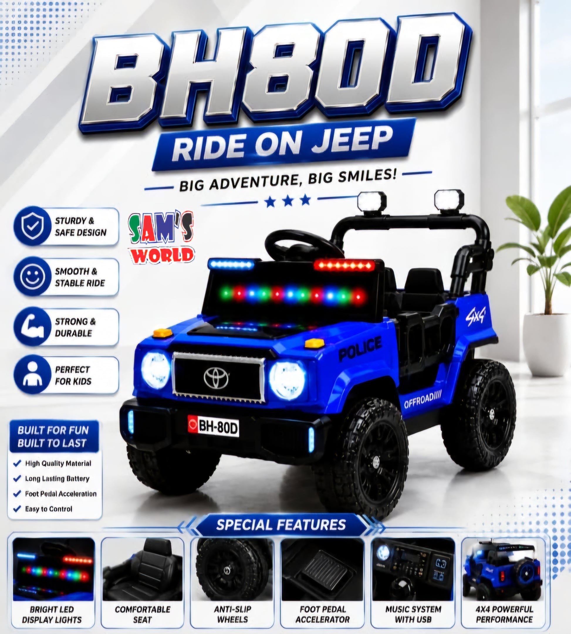 Blue childs ride on jeep in Ahmedabad with LED lights, comfortable seat, and foot pedal acceleration