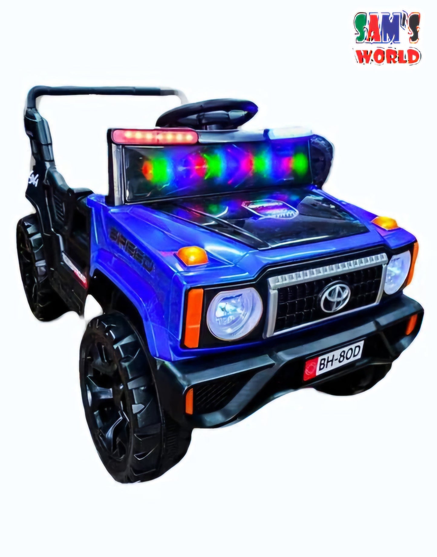 Blue childs ride on jeep in Ahmedabad with LED lights, front view, perfect for outdoor fun and play