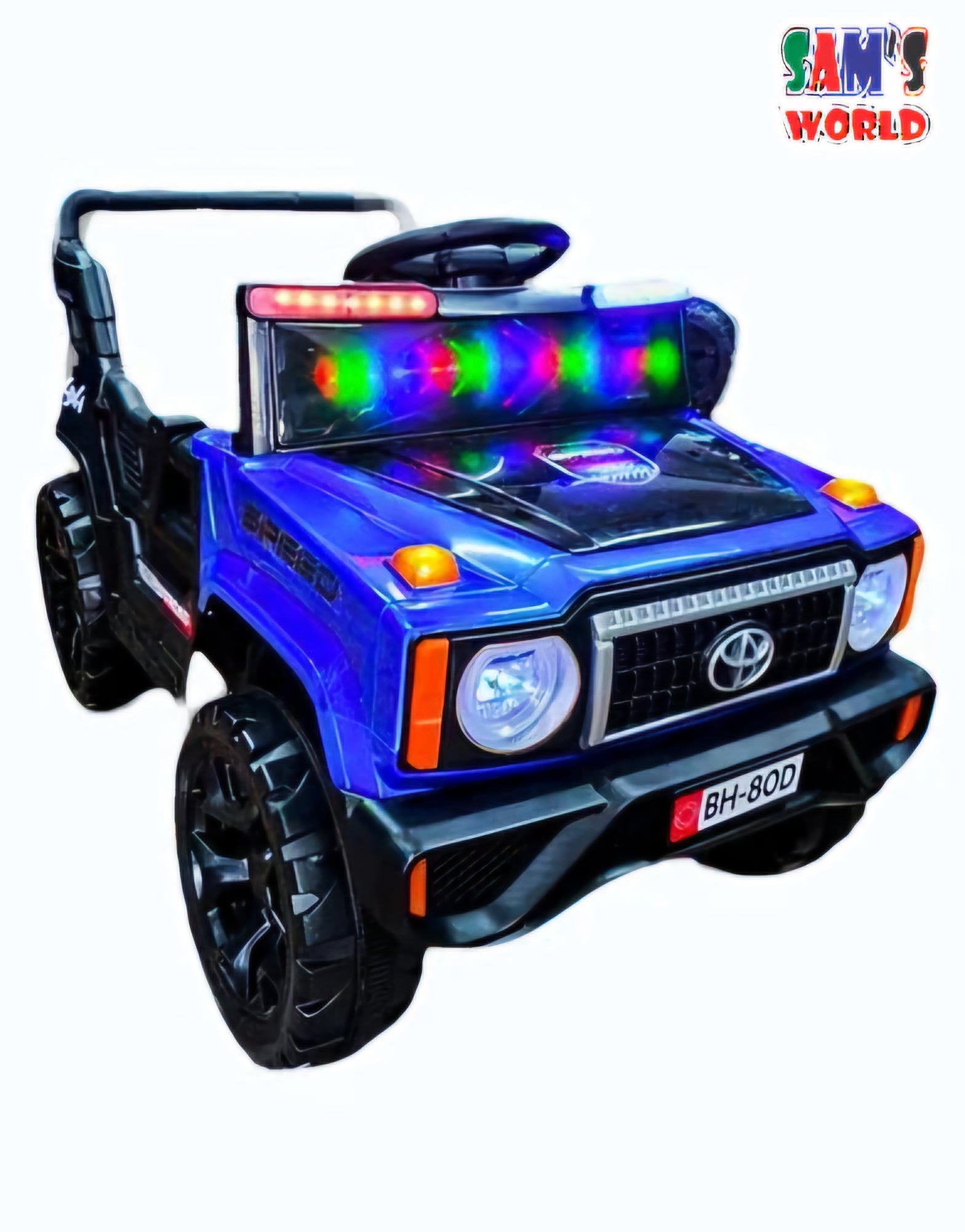 Blue childs ride on jeep in Ahmedabad with LED lights, front view, perfect for outdoor fun and play