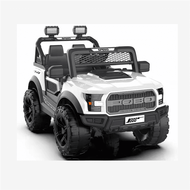White childs ride on jeep with off-road design, front view, perfect for outdoor adventures