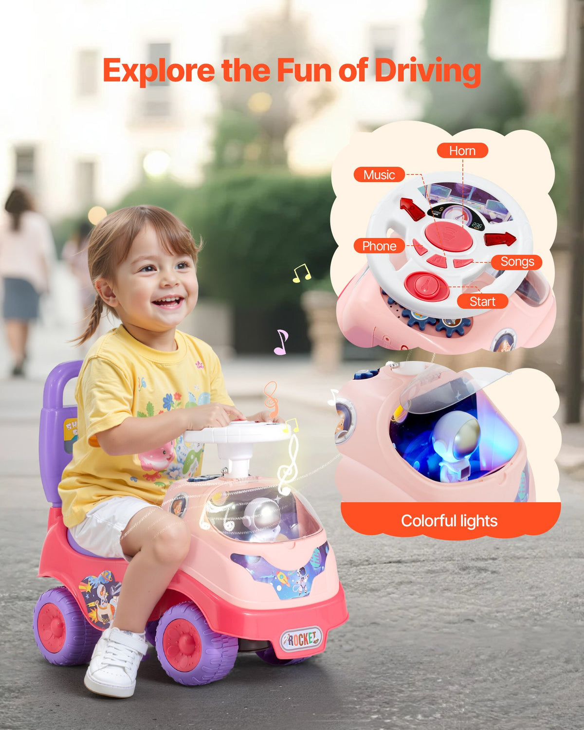 Child's ride on toy dumper push n go in pink with music and lights for toddlers from Sam's Toy World