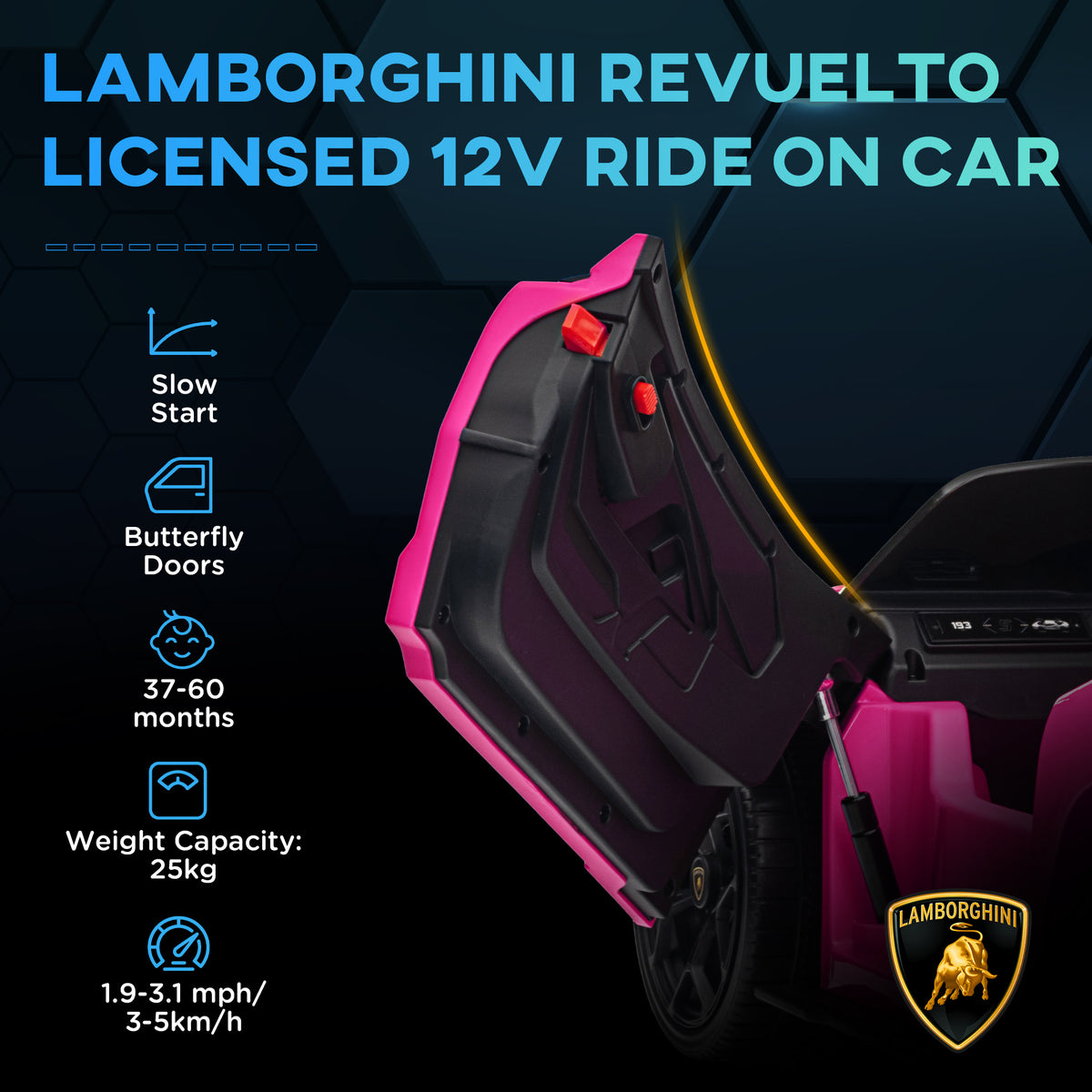 Lamborghini Revuelto Licensed 12V Ride On Car W/ Butterfly Doors, Transport Wheels, Suspension, Remote Control, Pink