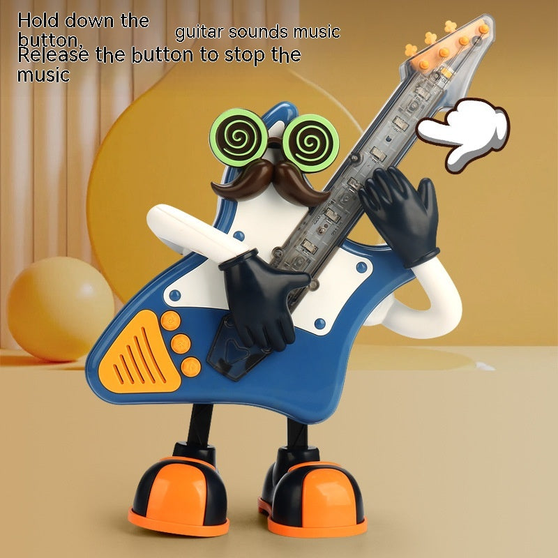 Blue dancing robot with guitar, side view, provides musical entertainment for kids