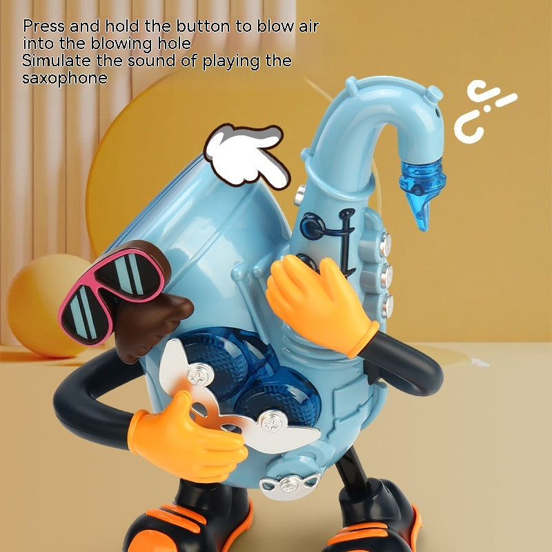 Blue dancing robot saxophone toy with sunglasses, simulates saxophone sounds for kids