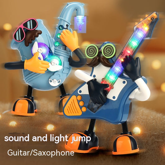 Colorful dancing robot guitar and saxophone toys with lights, front view, for musical fun