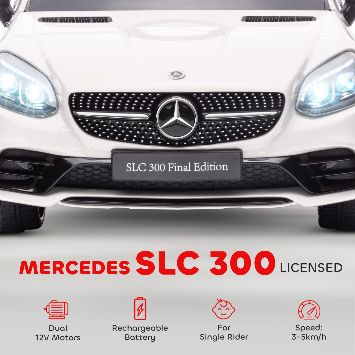Mercedes SLC 300 Licensed Kids Electric Car With Remote Control, 12V Battery Powered Kids Ride On Car With Music, Lights, Suspension For 3-6 Years Old, White