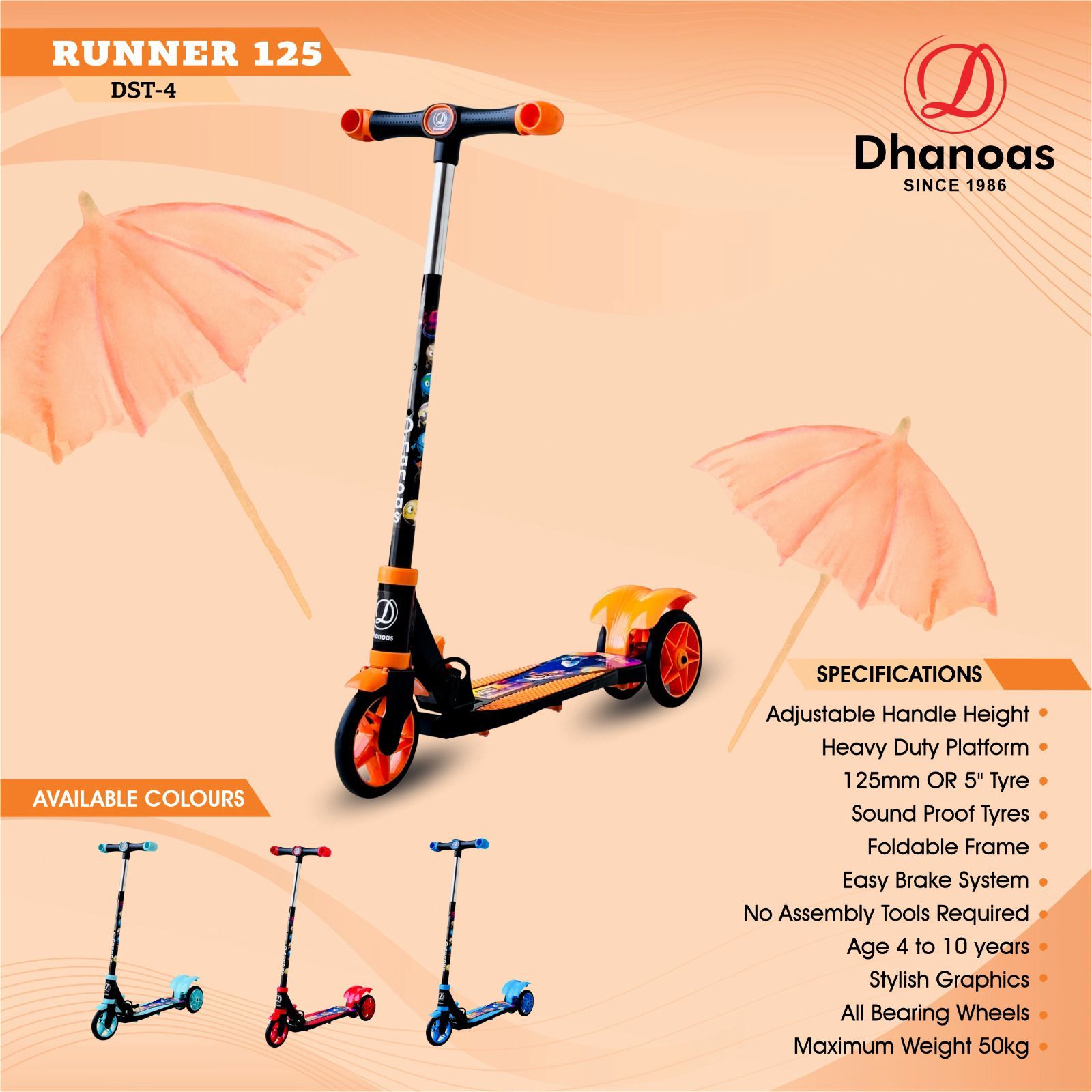 Foldable kick scooter for boys girls Gujarat online orange Dhanaas Runner 125 with adjustable handle and rear brake