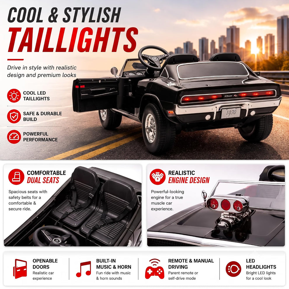 Dodge Charger battery operated car with LED taillights for kids from Sam's Toy World in black color