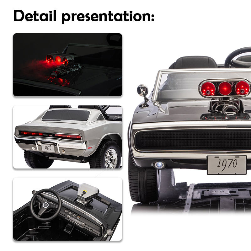Black childs ride on electric car with detailed dashboard and rear lights, perfect for young drivers