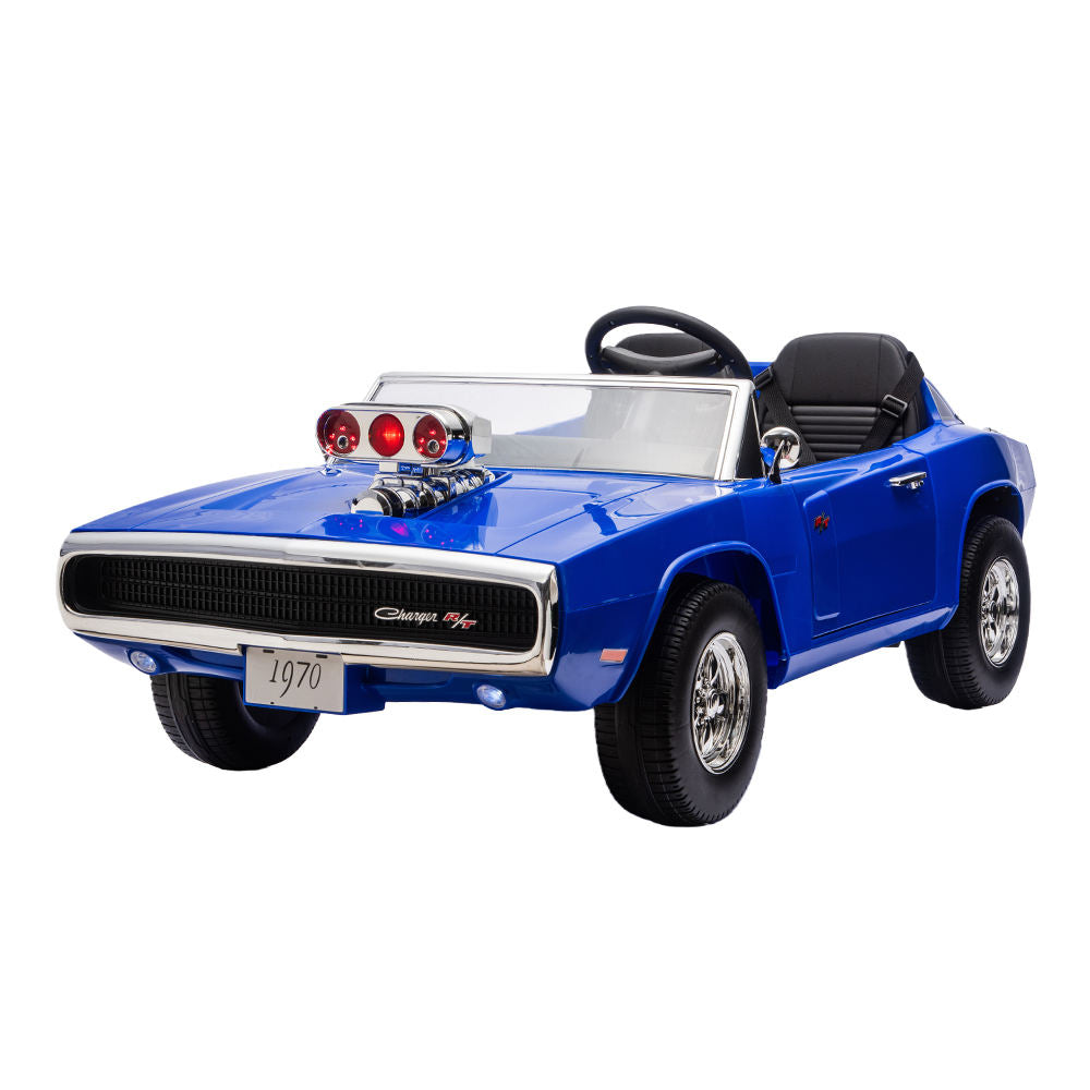 Blue childs ride on electric car styled as a 1970 Charger with chrome details and black interior