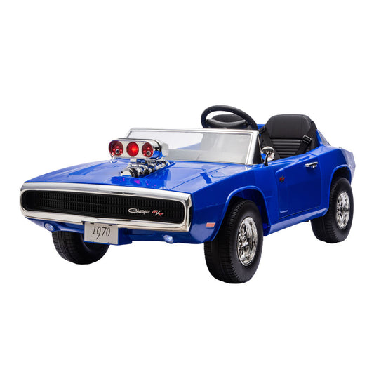 Blue childs ride on electric car styled as a 1970 Charger with chrome details and black interior