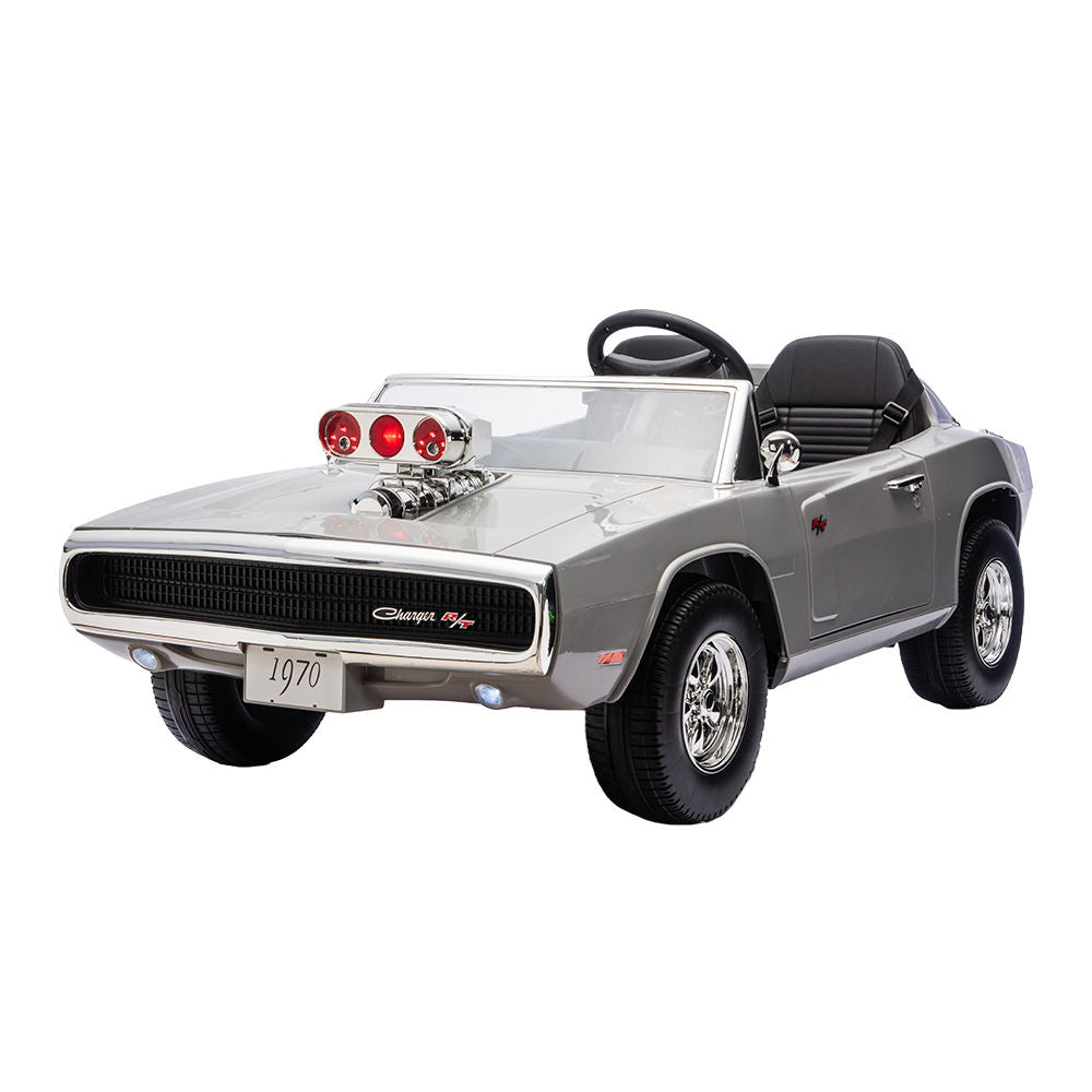Silver 1970 Dodge Charger child's ride on electric car, front view, designed for kids to enjoy outdoor driving