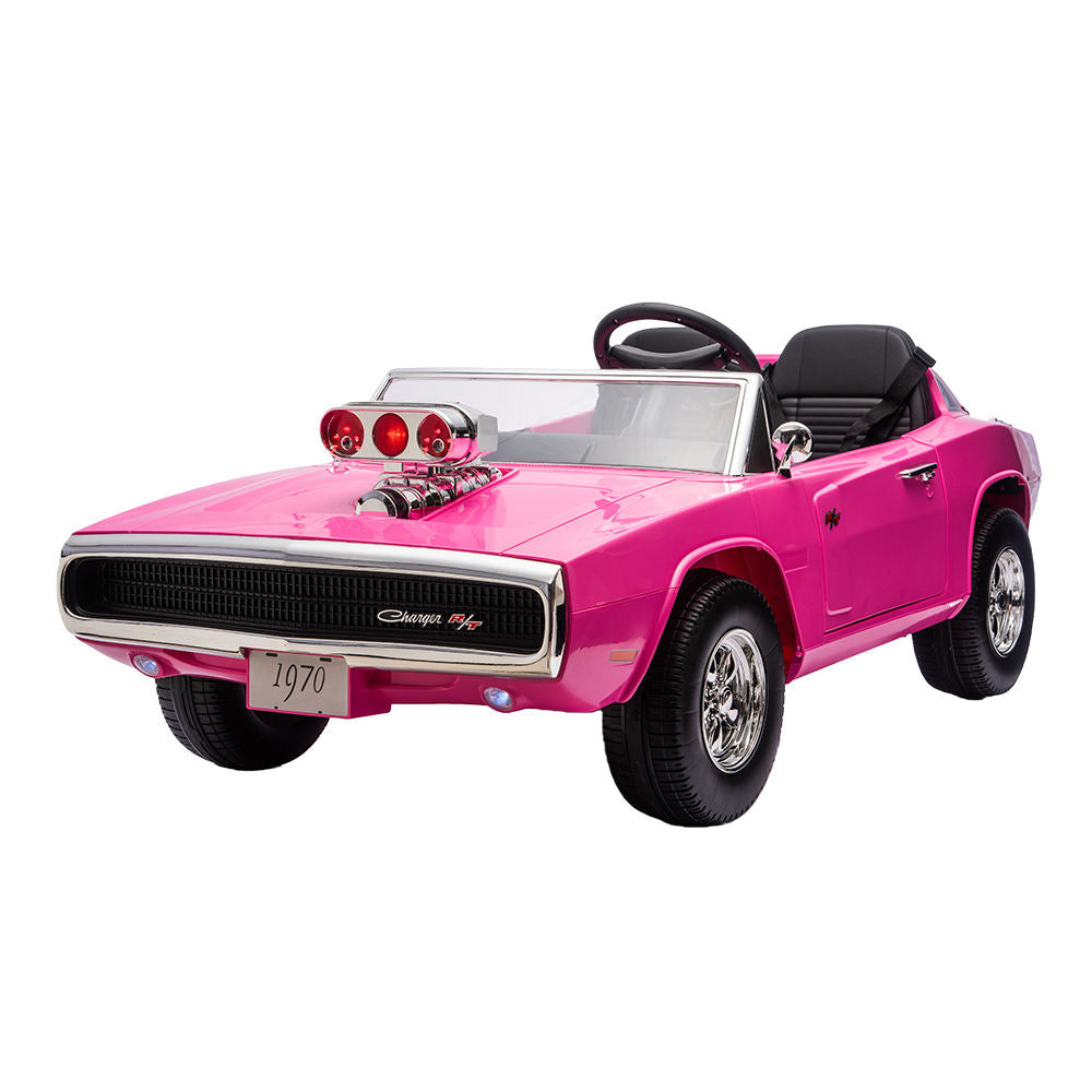 Pink 1970 Dodge Charger ride-on electric car for children, front view, perfect for outdoor fun