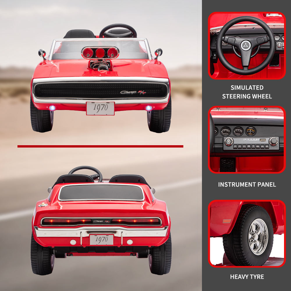 Red childs ride on electric car with realistic dashboard, front and back view for kids' outdoor fun