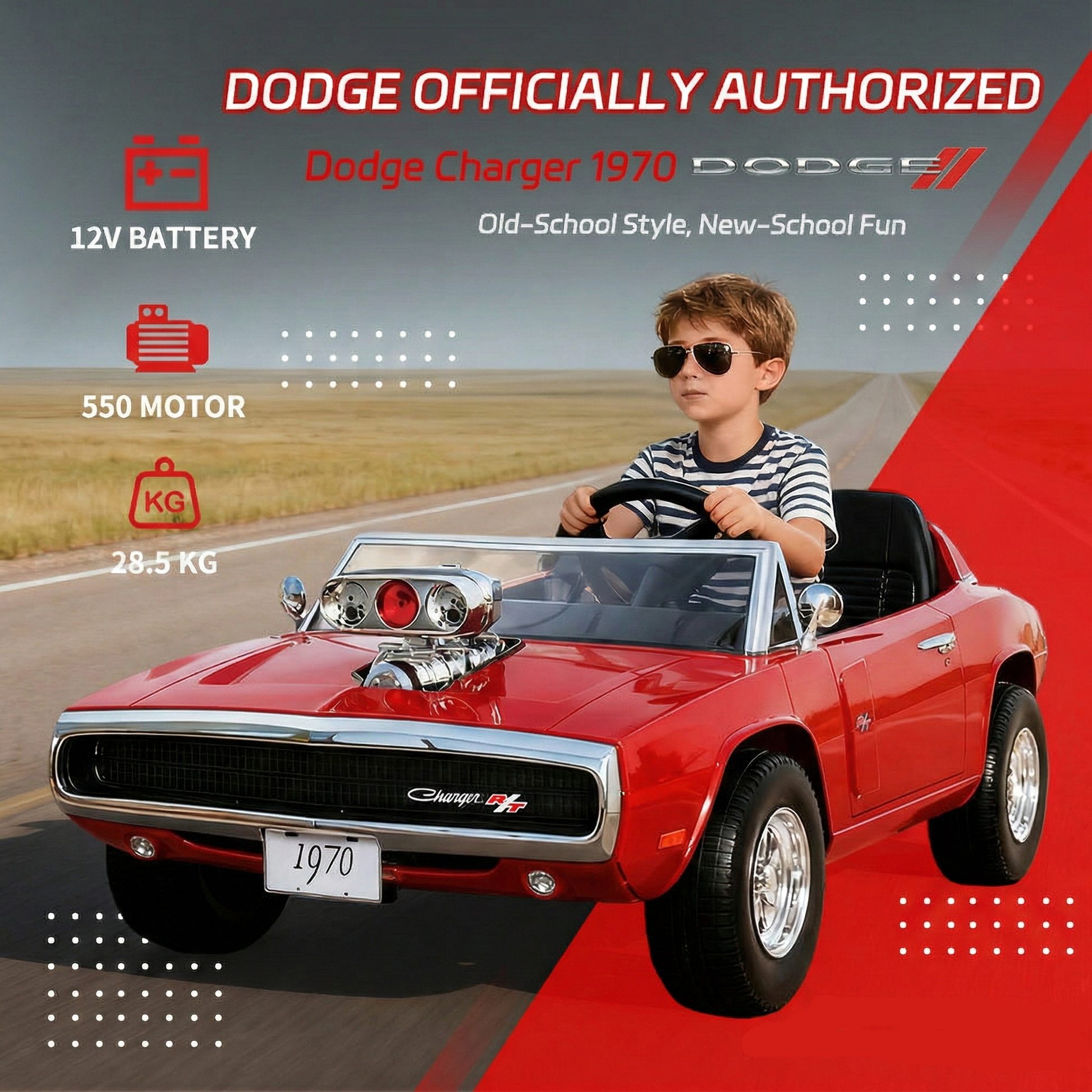 Red Dodge Charger 1970 childs ride on electric car with 12V battery, front view, for kids aged 3 and up
