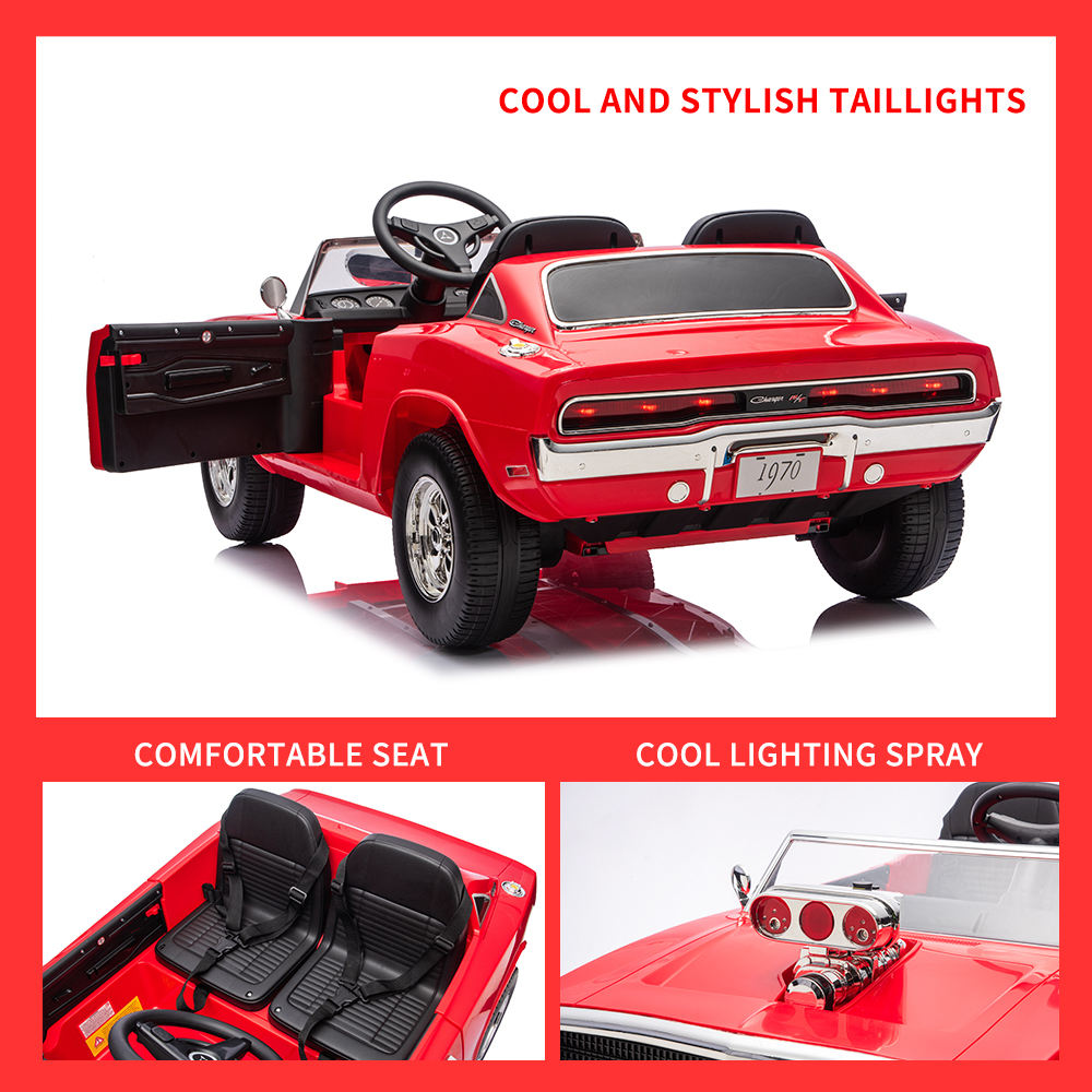 Red childs ride on electric car with comfortable seats and stylish taillights, perfect for fun outdoor adventures