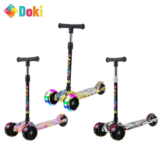 Doki foldable ride on scooter for children 3 wheels with adjustable T bar light up front wheels in colorful prints