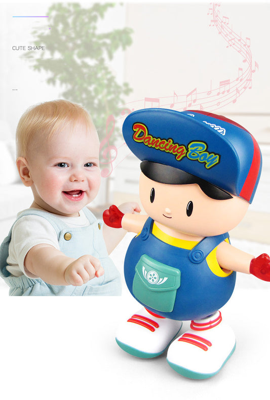 Colorful doll dancing toy with cap, front view, designed to entertain and engage toddlers