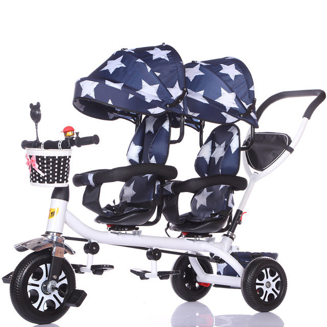 Double baby twins tricycle with canopy Gujarat india online featuring blue star-patterned seats and white frame