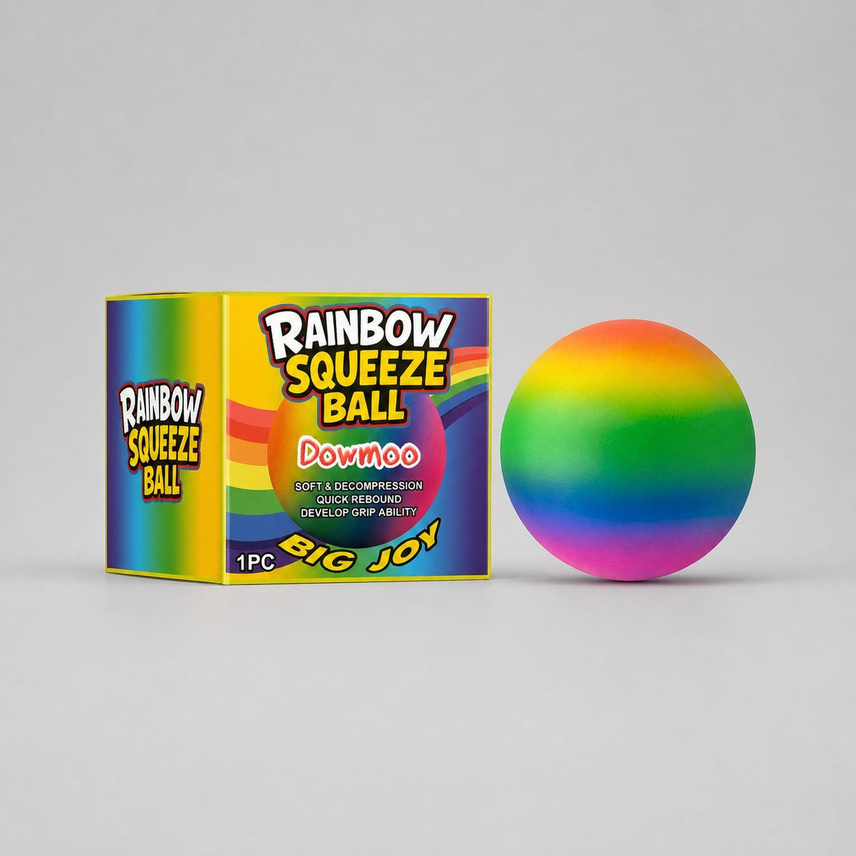 Rainbow squeeze ball with vibrant colors and soft texture, perfect for stress relief and grip development