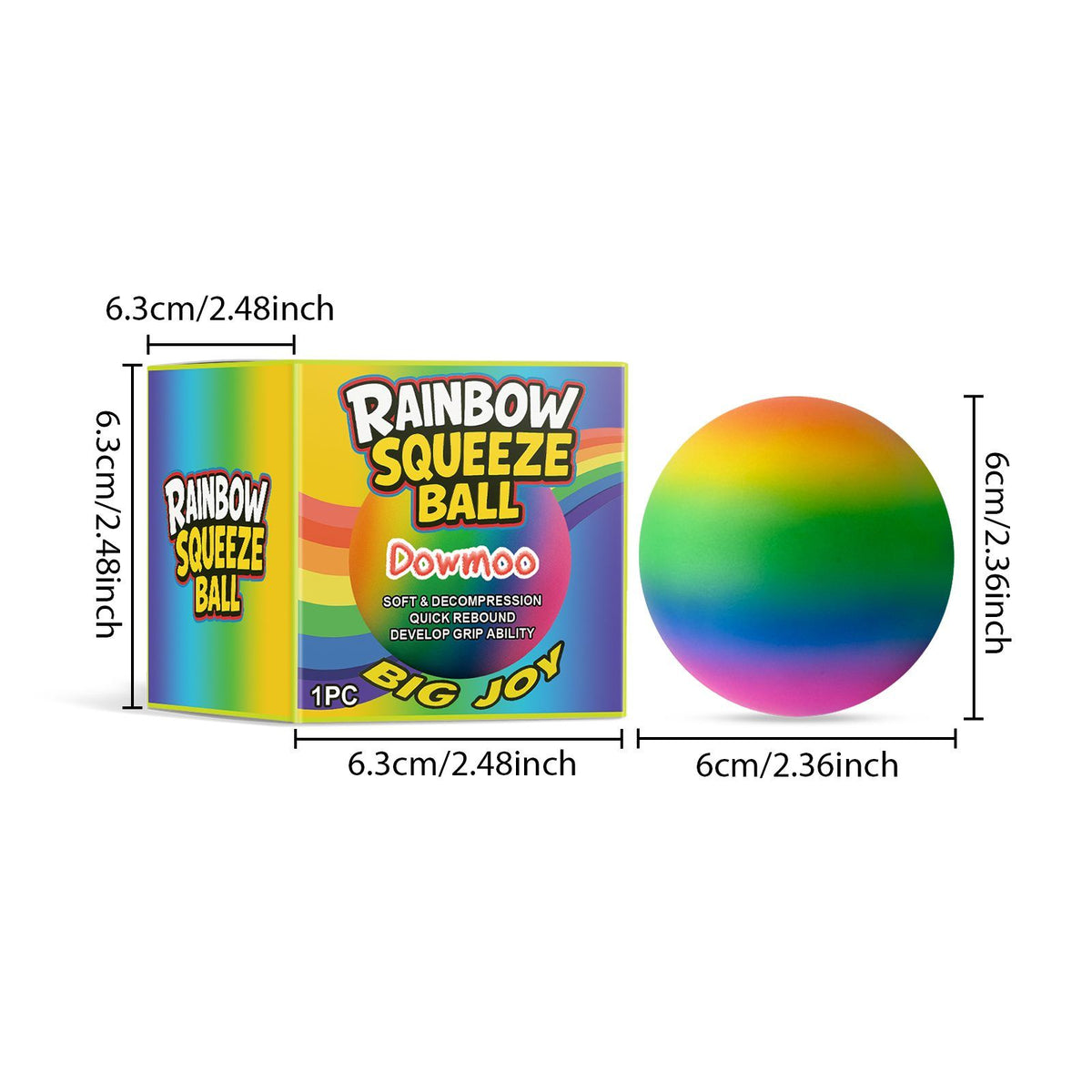 Rainbow stress ball with soft texture, side view, ideal for stress relief and sensory play