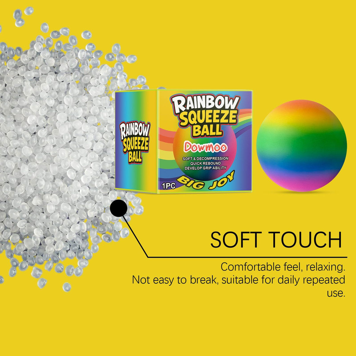 Rainbow stress ball with soft touch, side view, designed for relaxation and daily use