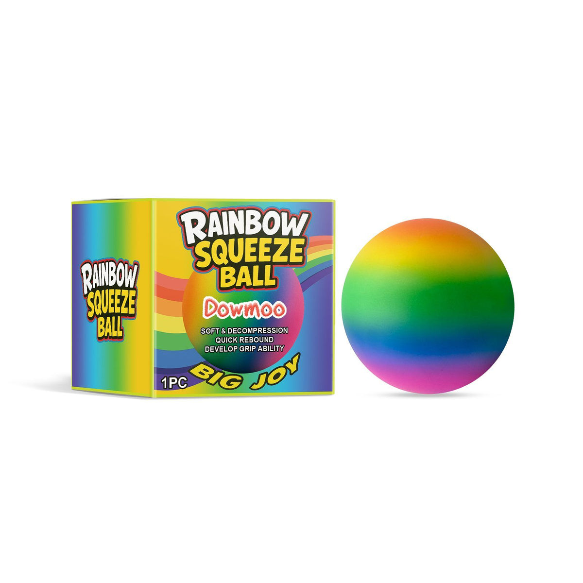 Rainbow squeeze ball in vibrant colors, front view, ideal stress ball for relaxation and grip strength