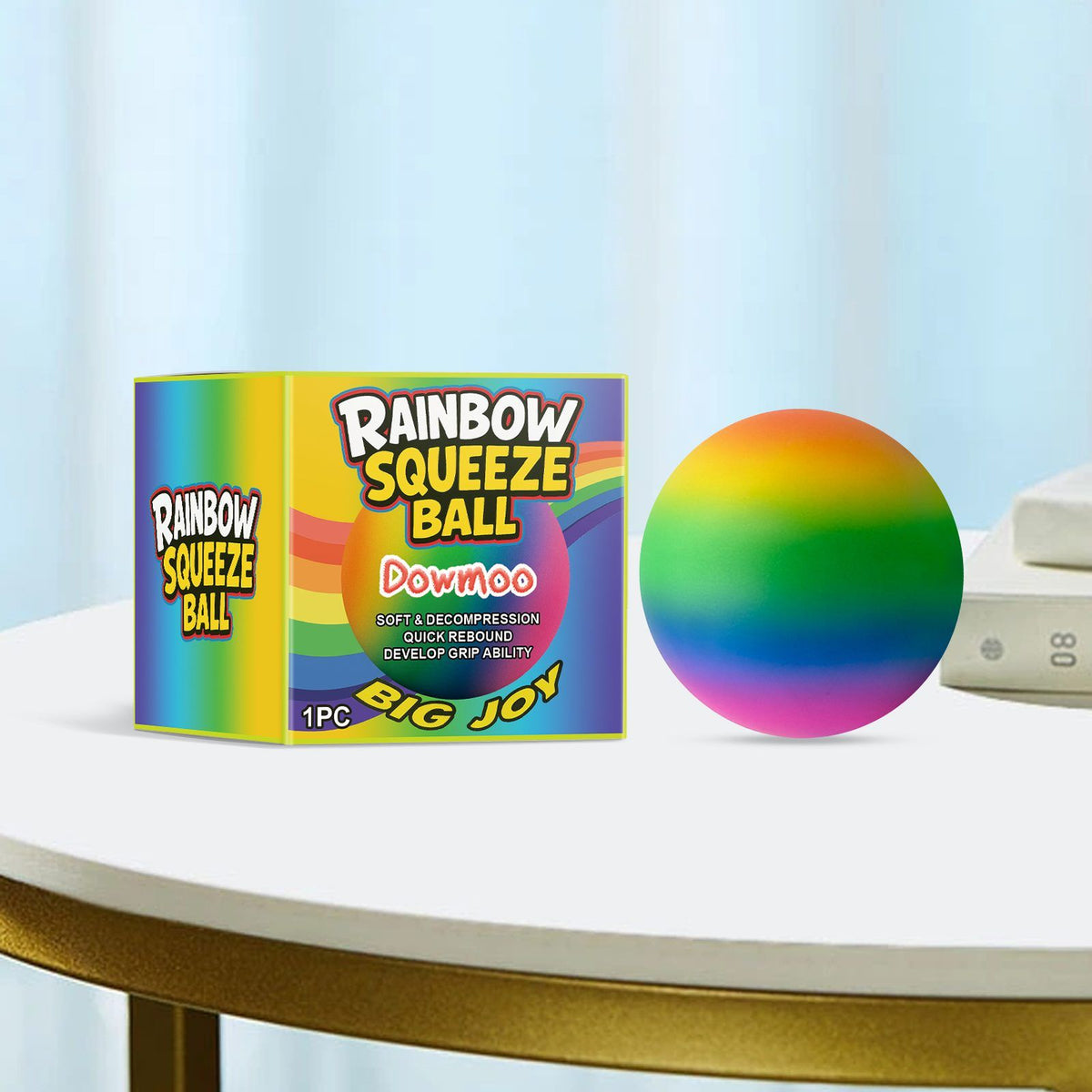 Rainbow stress ball with soft texture, side view, designed for grip development and relaxation