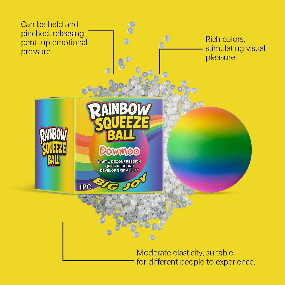 Rainbow stress ball with colorful design and soft texture for stress relief and emotional release