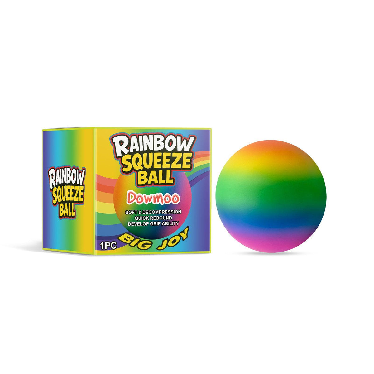 Rainbow squeeze ball in side view, designed for stress relief and hand strengthening