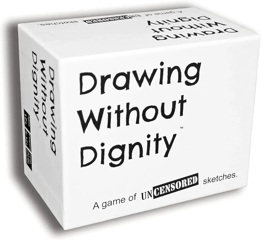 White box for Drawing Without Dignity with expansion packs, top view, for uncensored sketching fun