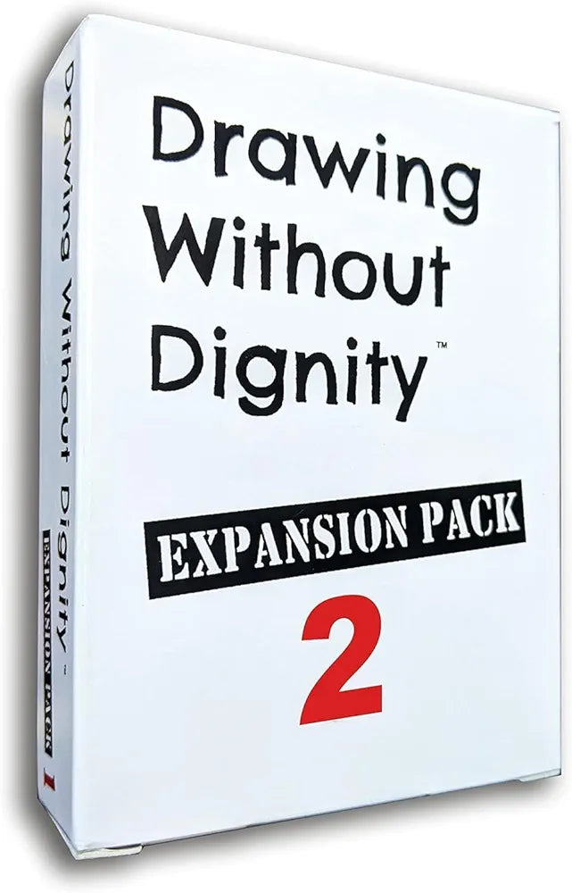 Drawing Without Dignity with expansion packs in a white box, front view, for fun party gameplay