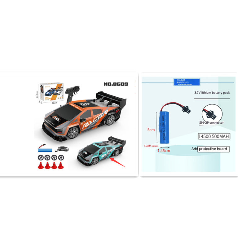 Drifting Stunt rc car with remote in orange and blue with detailed accessories, suitable for ages 8 and up from Sam's Toy World