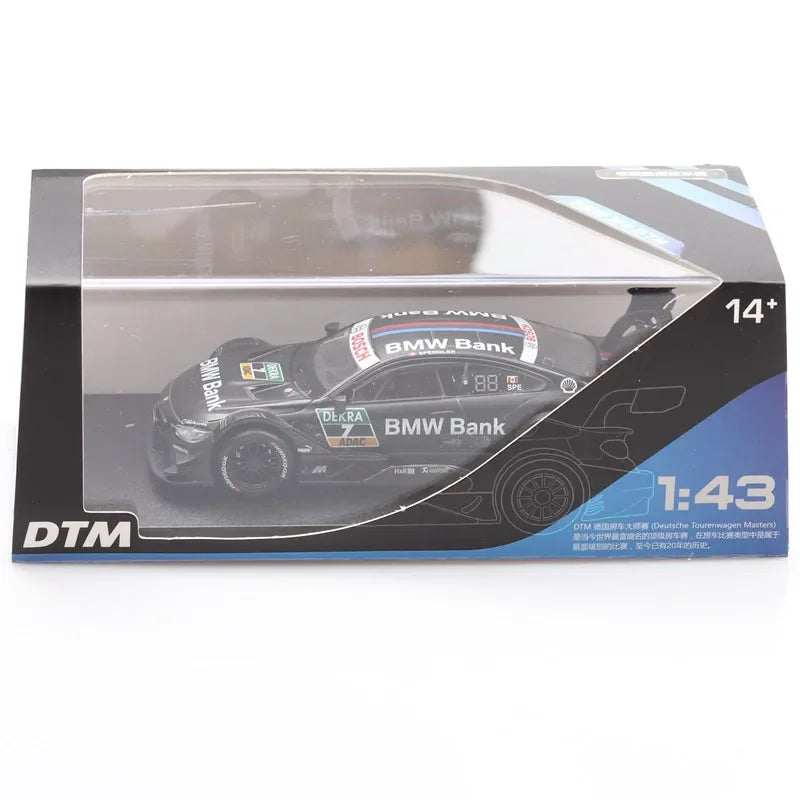 Black DTM BMW Bank model car, side view, 1:43 scale for collectors and racing enthusiasts