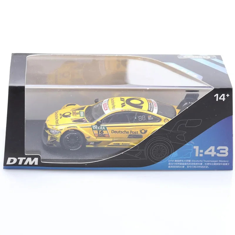 Yellow DTM racing model car, side view, perfect for collectors of Tesla Model 3 car replicas