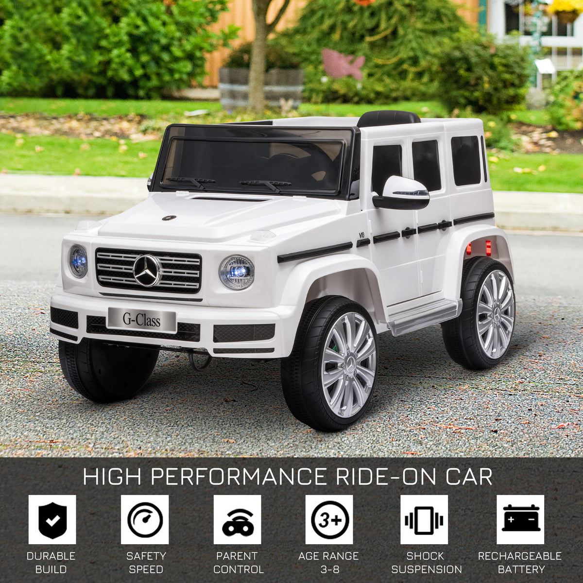 Mercedes Benz G500 Licensed 12V Kids Electric Ride On Car Toy With Parental Remote Control Battery-powered 2 Motors Music Lights MP3 For 3-8 Years Old White
