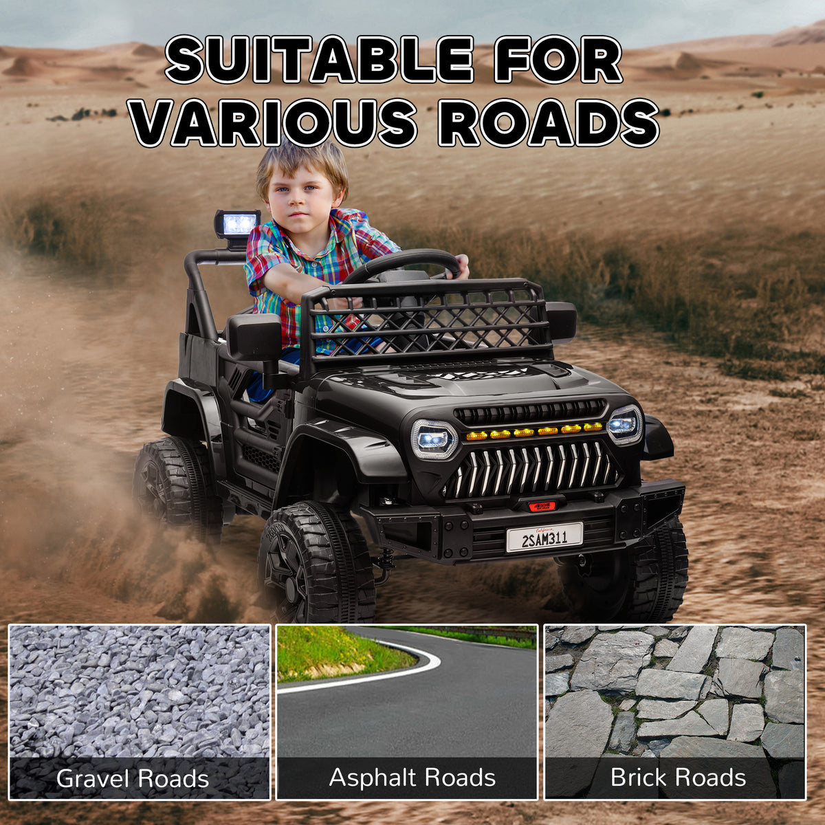 12V Battery Powered Ride On Truck, Kids Electric Car with Spring Suspension, Remote, Horn, USB Music, Black