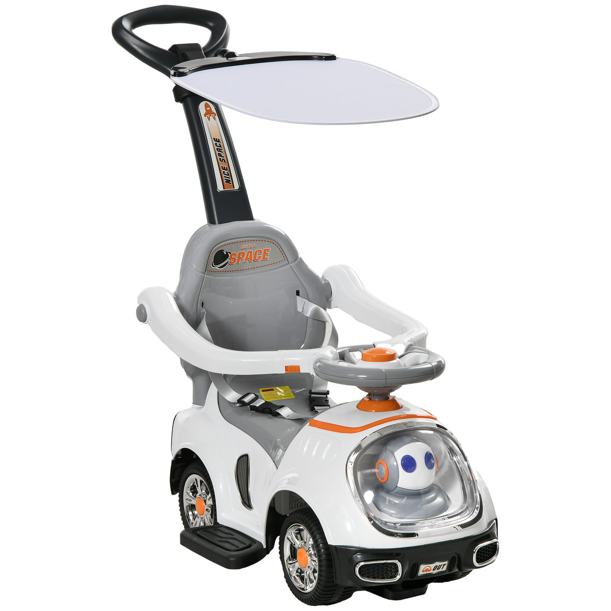 3 In 1 Ride On Push Car, Cartoon Robot Theme Foot To Floor Slider W Handle Light Music Horn, Storage - White