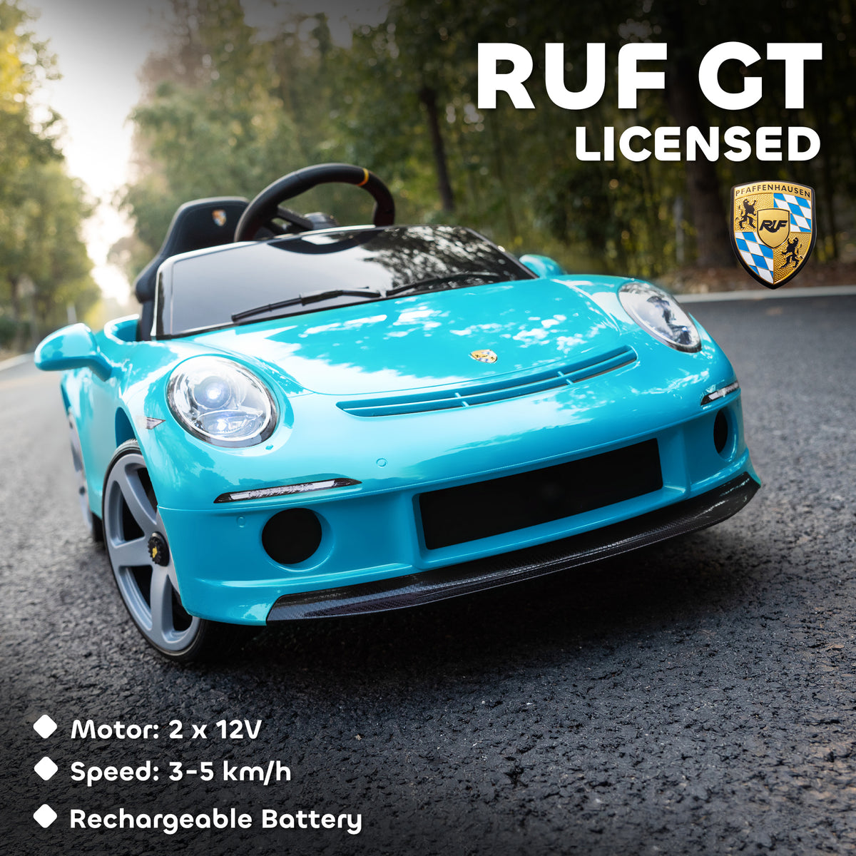 Kids Electric Car, 12V Licensed RUF GT Ride On Car With Suspension, Remote Control, Music, For 3-5 Years, Blue