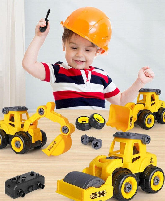 Toddler boy wearing orange helmet playing with educational construction toys for toddlers kids Ahmedabad with yellow toy vehicles